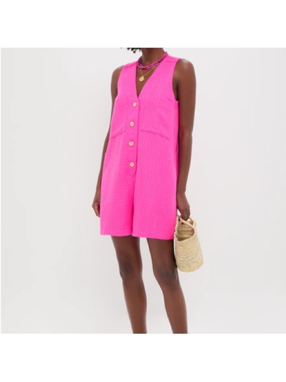Tuckernuck Vibrant Hot Pink Sleeveless V-Neck Romper Dress